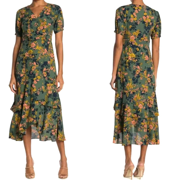 Nanette Lepore Womens Midi Wrap Dress 10 Green Floral Short Sleeve Tiered Boho - Picture 2 of 13